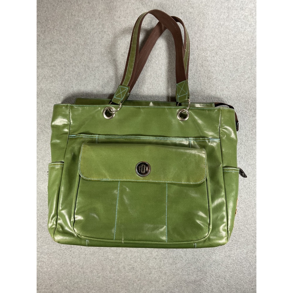 Urban Junket Green Coated Canvas Tote Bag Laptop Work Shoulder Bag Turn Lock
